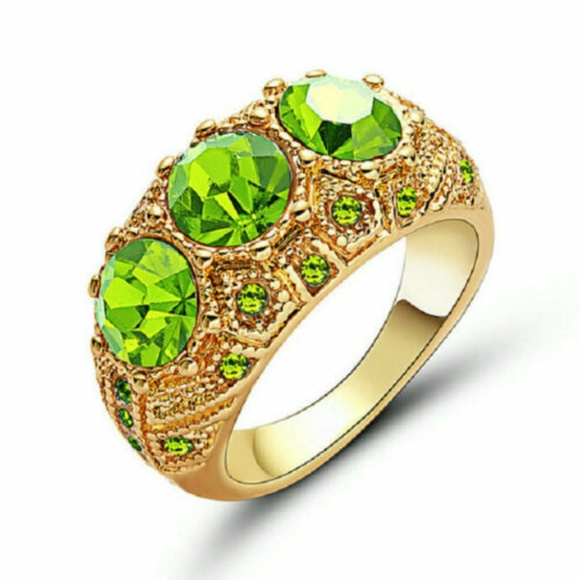 Green Emerald CZ  yellow Rhodium Plated Ring New - Picture 1 of 2